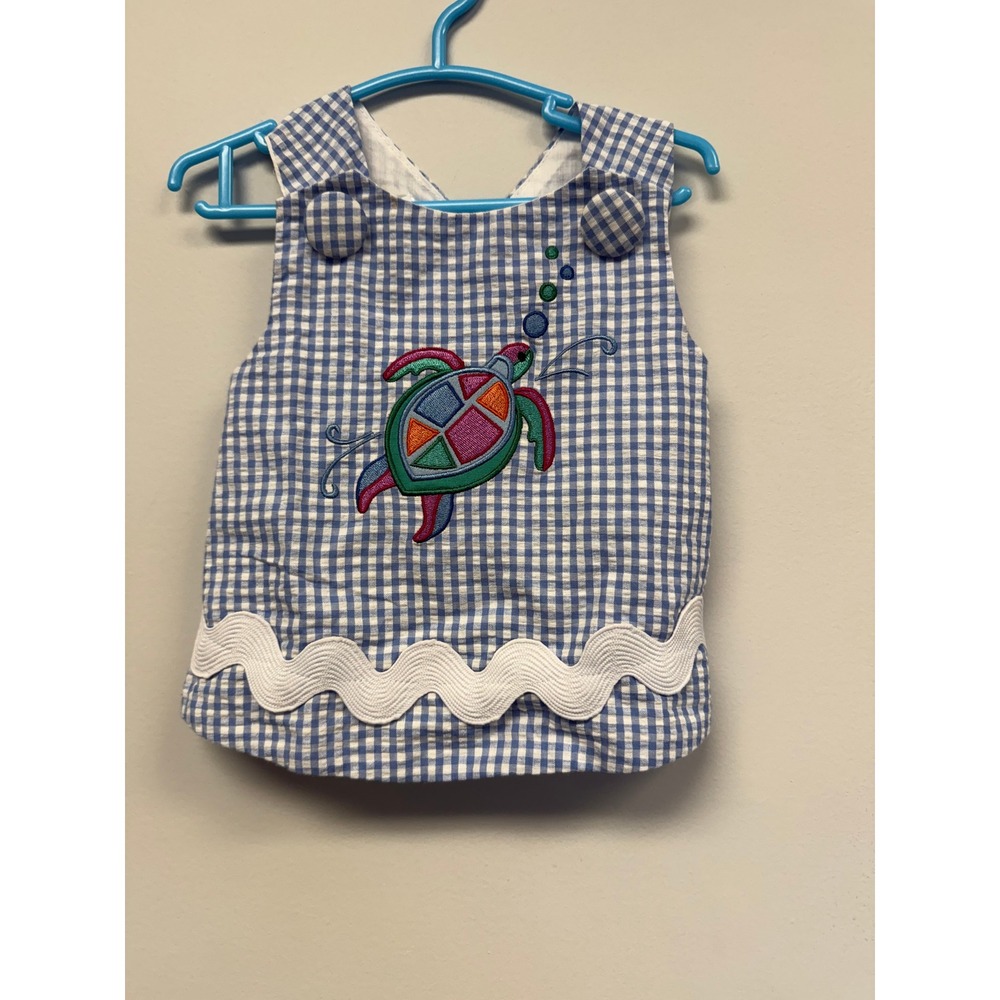 Lil Cactus Baby Girls Blue Gingham Sea Turtle Embroidered Criss Cross Top 3-6M - Picture 1 of 7